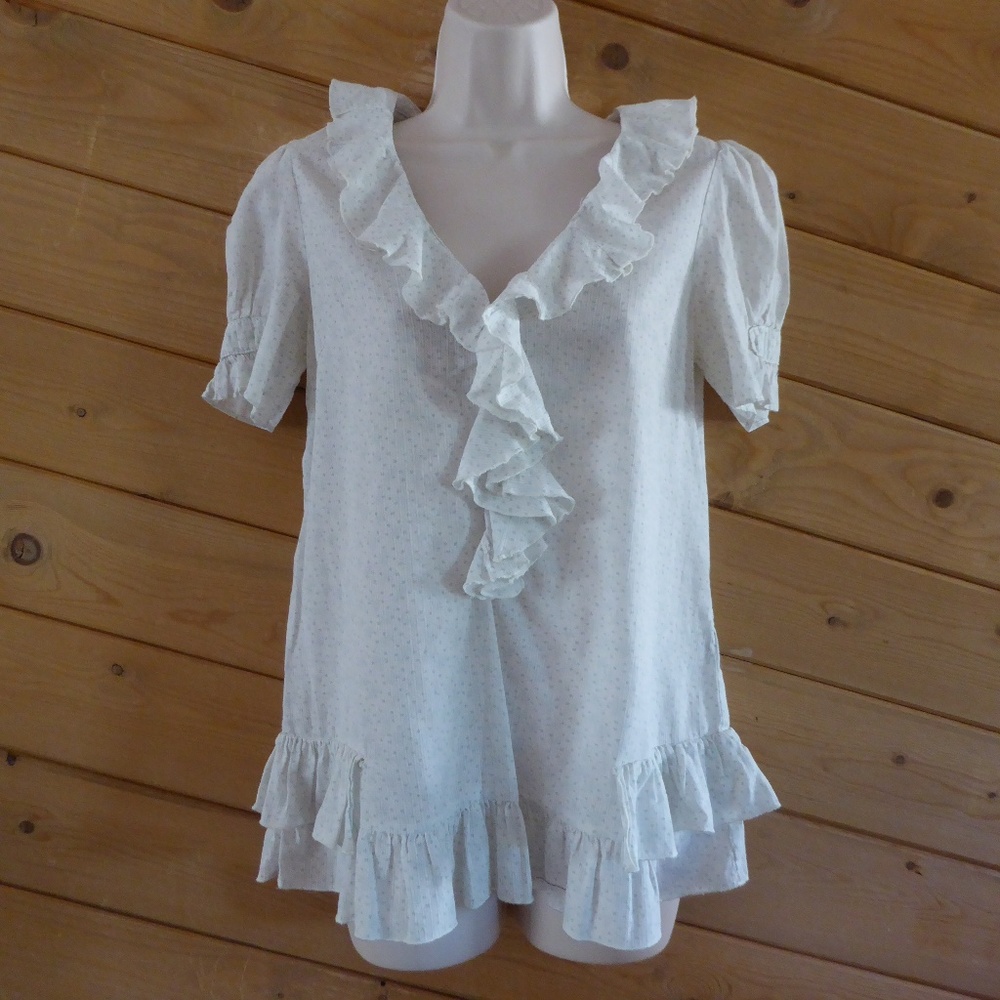 Marc Jacobs V-neck Ruffle Floral Babydoll Tunic Shirt Summer Top 100% Cotton